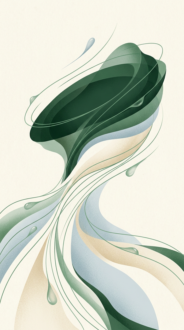 Converging masses threading into layered strata that orbit upward — organic composition of motion and direction — cautious, clarifying mood. — cover for: AI agent passive income reality: why “money while you sleep” fails