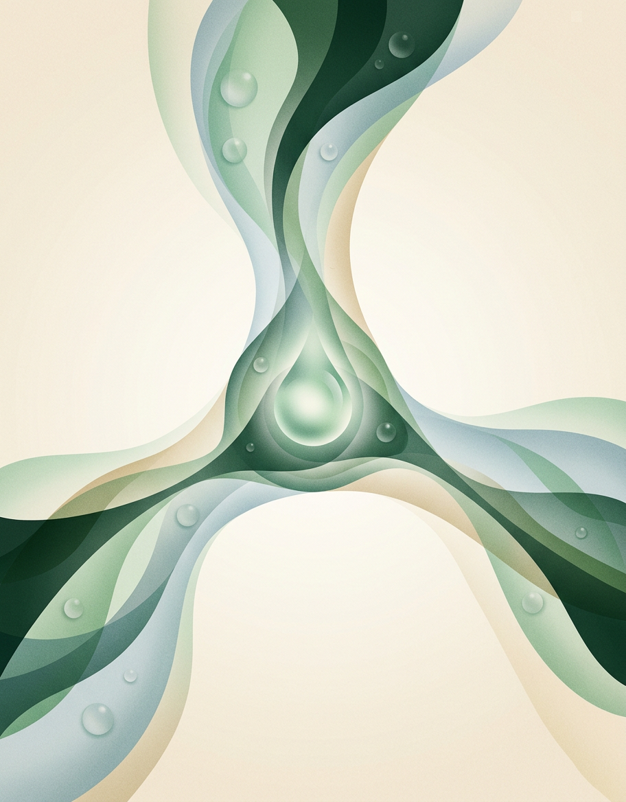 three intersecting dew-streams blending into a single clear core bead — triangular convergence — focused calm — cover for: Build a Stripe + Xero + Claude AI finance workflow