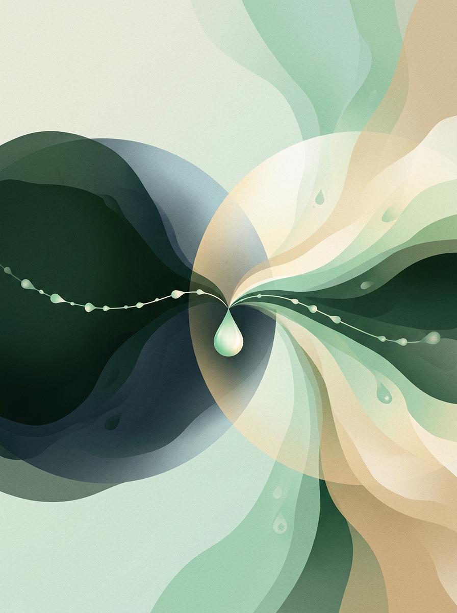 a single dew-line threading through two intersecting orbs, one dark one bright, converging into a sharp central droplet — left-to-right flow — decisive calm — cover for: Design an AI proposal-to-paid workflow with Claude, Zapier, and Stripe in 2026