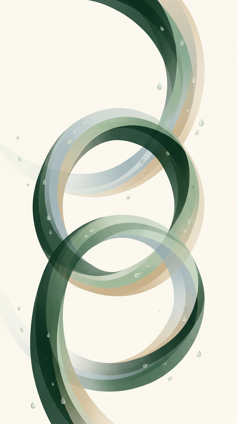 three interlocking dew-rings forming a stepped upward helix — vertical spiral — precise deliberate — cover for: Design a 3-step AI research-to-brief workflow with Perplexity, Claude, and GPT‑5