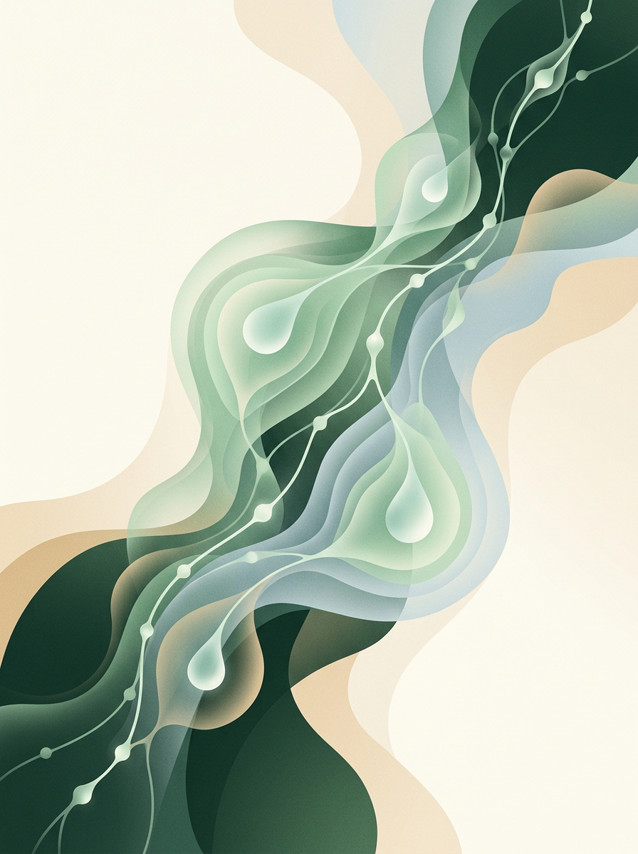 a single dew-line weaving through layered luminous nodes of varying size — diagonal drift — analytical steady — cover for: Design an AI-first content review workflow that wins overview slots