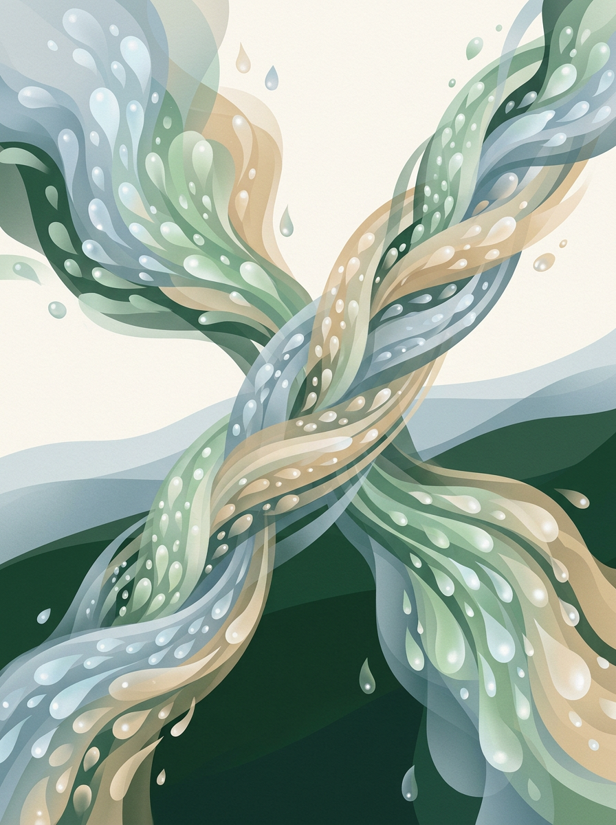 two intersecting streams of luminous droplets weaving into a single structured pathway — gentle diagonal braids — grounded purposeful — cover for: Turn AI workflow architecture into a $2k/month consulting offer