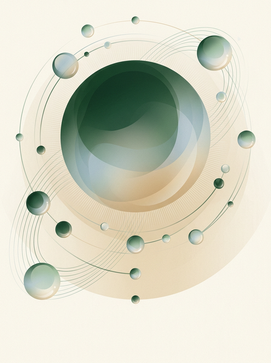 one bold dew-form orbited by smaller satellite drops — radial — focused — cover for: Turn AI workflow debugging into a $1–3k/month hardening service