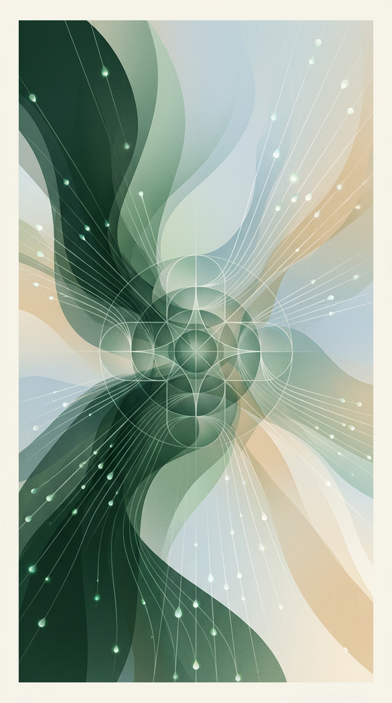 one central dew-grid with scored droplets radiating outward in ordered paths — radial matrix — calm deliberate — cover for: An automation ideas scoring template for solopreneurs