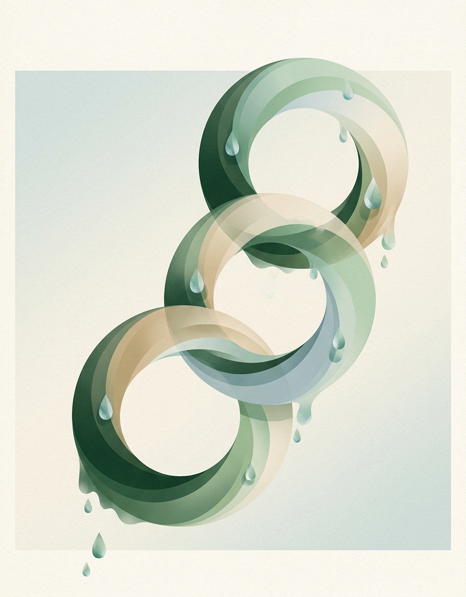three interlocking dew-rings forming a frugal cascade of flows — diagonal chain — disciplined adaptive — cover for: Build a sub-$50/month automation stack with Make, n8n, and Claude