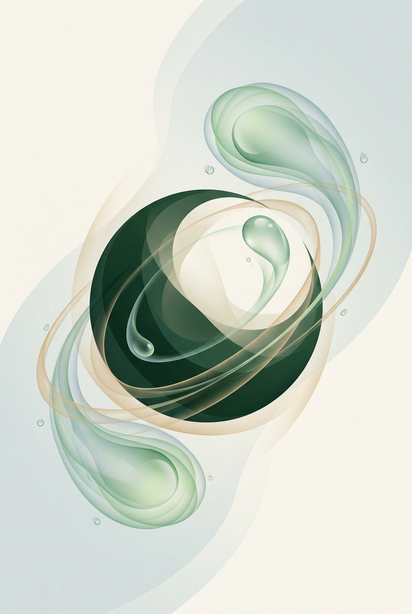 two luminous drops orbiting a central core — balanced asymmetry — calm focused — cover for: Turn n8n on a $5 VPS into your personal automation server in 2026