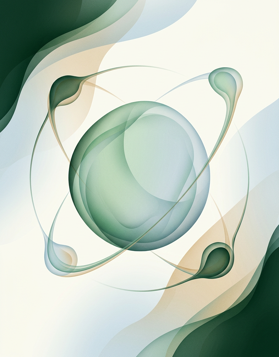 one bold dew-form orbited by four routed micro-droplets — radial — focused — cover for: A Notion AI client onboarding hub template pack