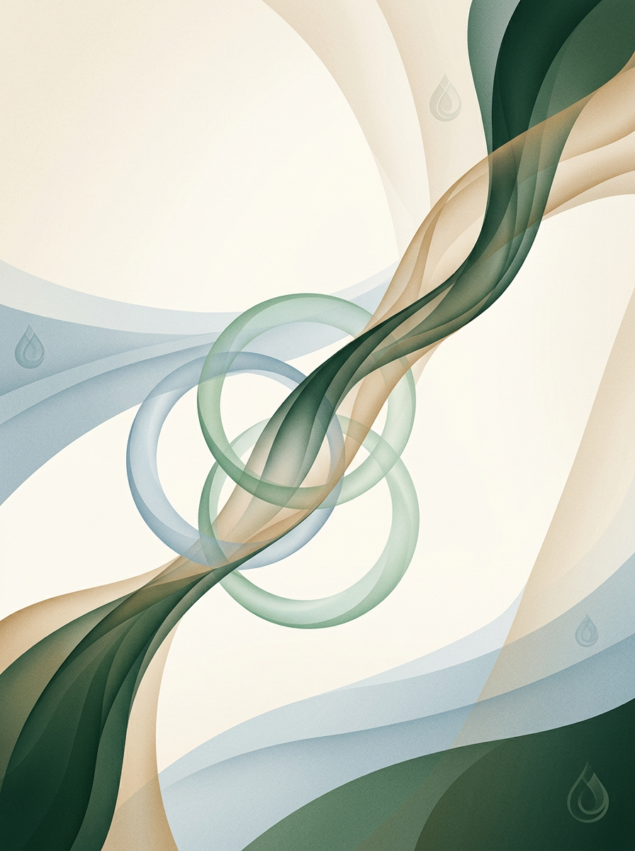 three interlocking dew-rings channelled into a single flowing strand — diagonal weave — focused calm — cover for: A Notion AI + Claude team update template for lean remote teams