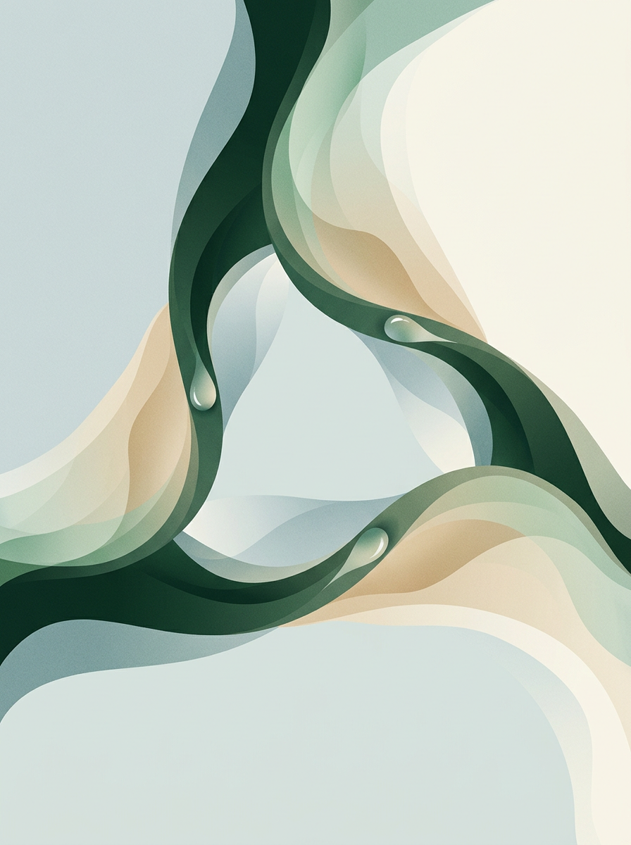 three interlocking dew-strands forming a stable triangular loop — balanced triad — calm disciplined — cover for: Build a defensible AI meeting ops service with Otter, Claude, and Notion