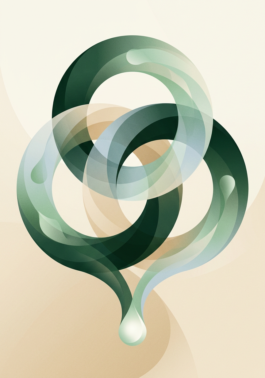 three interlocking dew-rings channeling into a single bright droplet — triangular convergence — grounded efficient — cover for: Build a Stripe + Notion + Claude analytics workflow in an afternoon