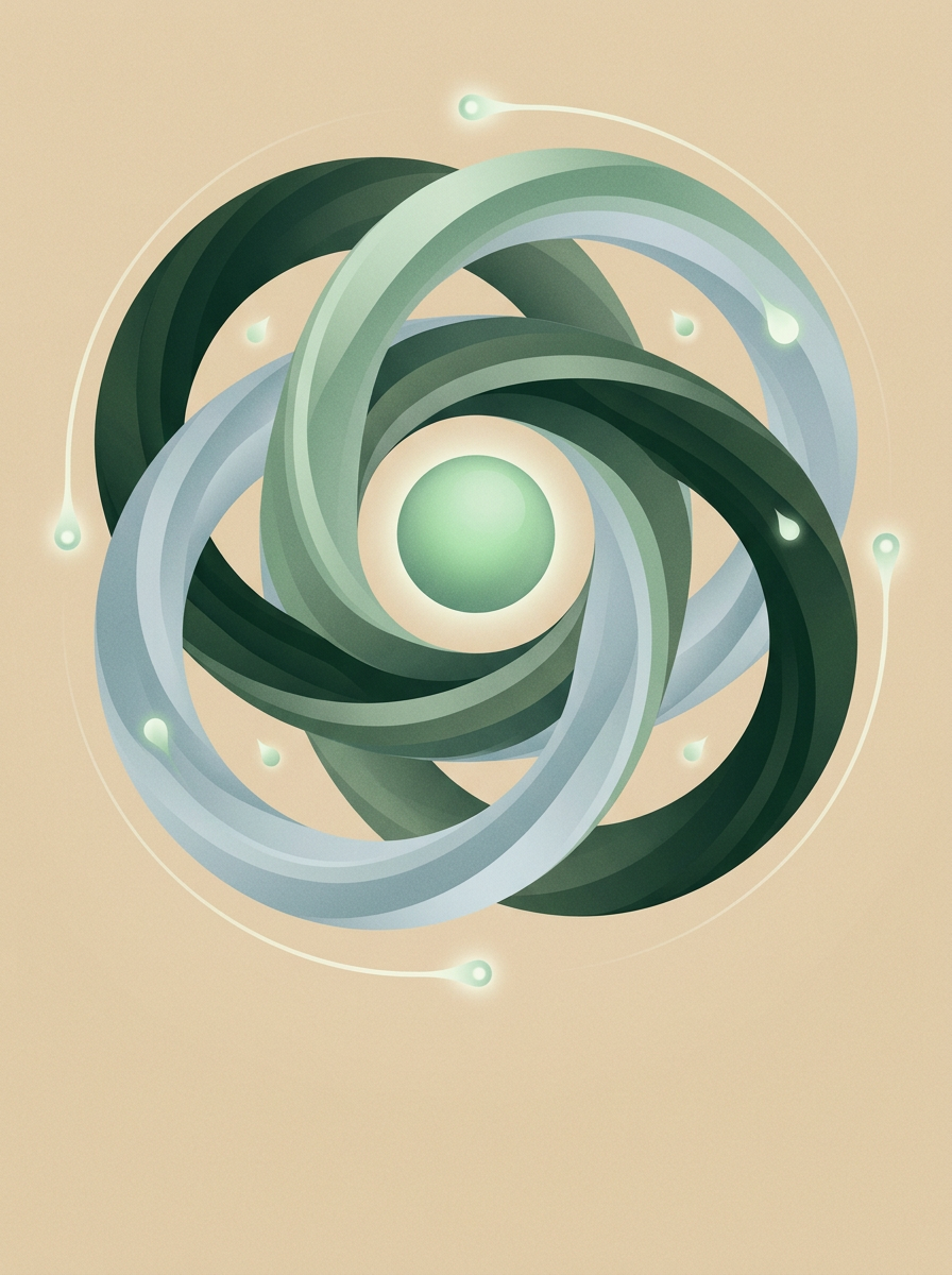 three interlocking dew-loops forming a weekly cycle with a central steady orb — circular weave — calm disciplined — cover for: Automate your weekly admin routine with Reclaim, Make, and Notion in 2026