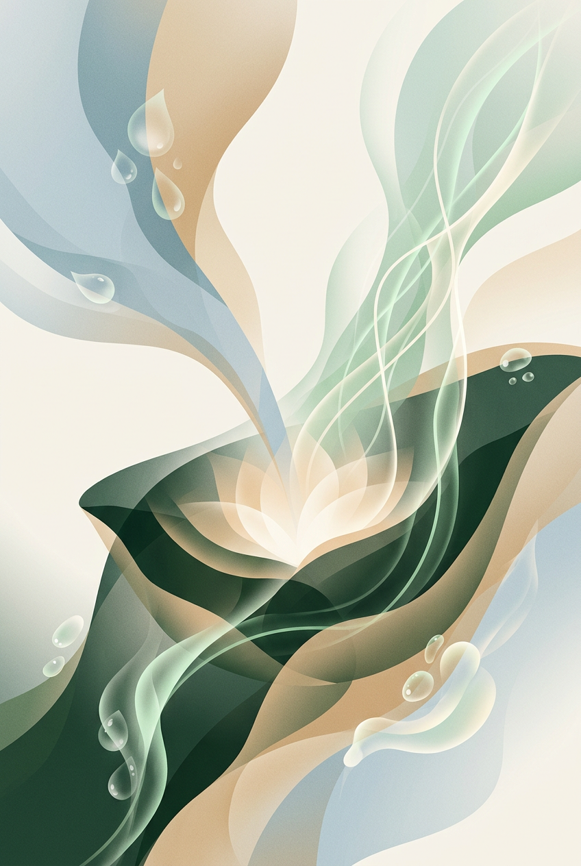 Converging masses threaded by upward lines — layered strata orbiting a central bloom — calm, intentional clarity. — cover for: A 30-minute weekly review template AI in Notion + Claude