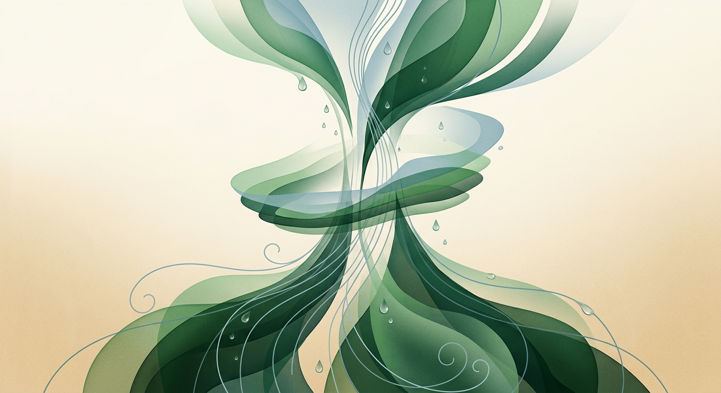 Converging masses threaded by persistent lines bloom upward — layered organic strata orbiting a steady axis — calm, focused, and quietly reliable. — cover for: How to run a weekly review with Claude Projects