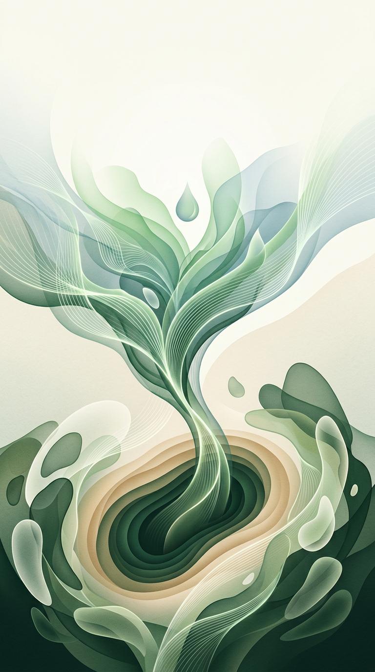 Upward bloom of threaded lines — converging masses orbiting layered strata — hopeful clarity — cover for: AI side hustles with no coding: what is real, what is hype